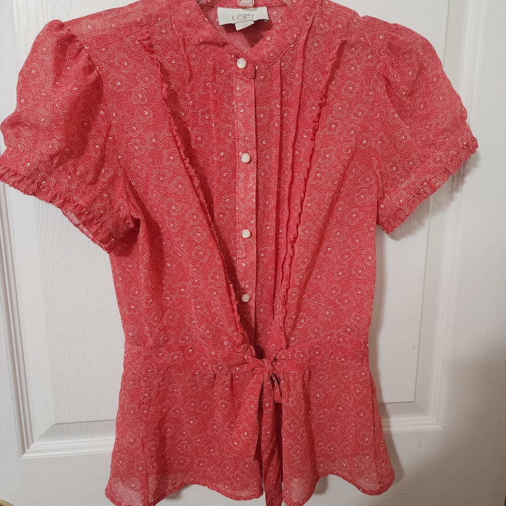 LOFT Red Floral Button-Up Blouse